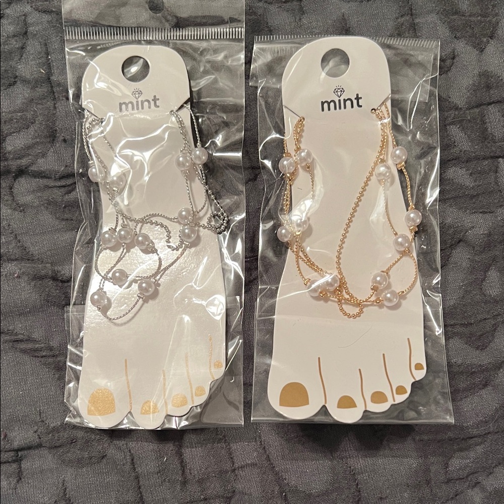 Mint Pearl Anklet Duo - Silver and Gold Chains
